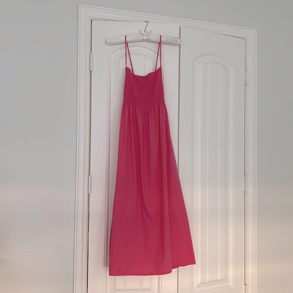 Faithfull the Brand Bryssa Cotton Poplin Midi Dress in Hot Pink